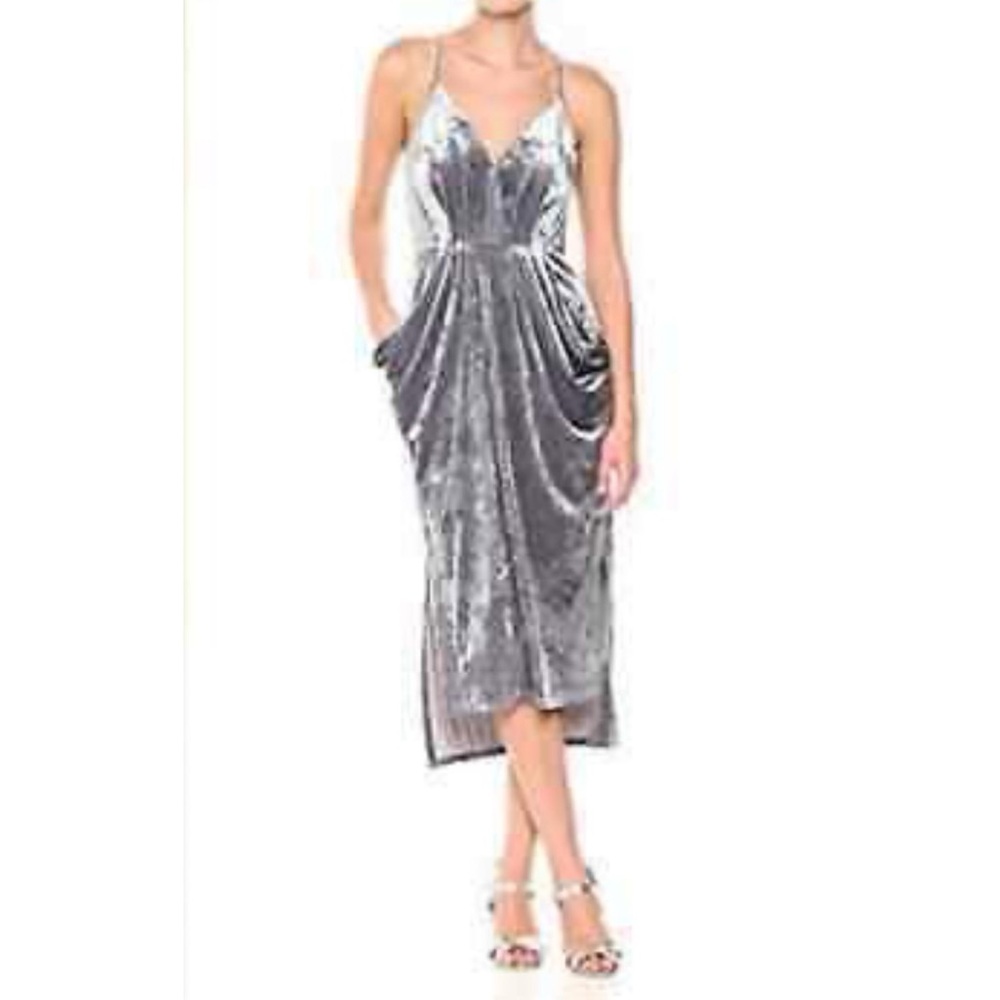 XS BCBGeneration Silver/Grey spaghetti strap high-low crushed velvet midi dress